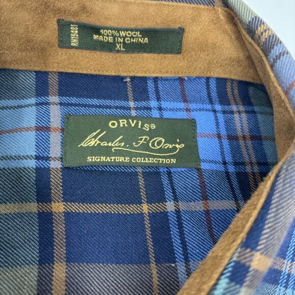 Orvis Signature Collection Mens XL Blue Brown Plaid 100% Wool Long Sleeve Shirt - Picture 2 of 6
